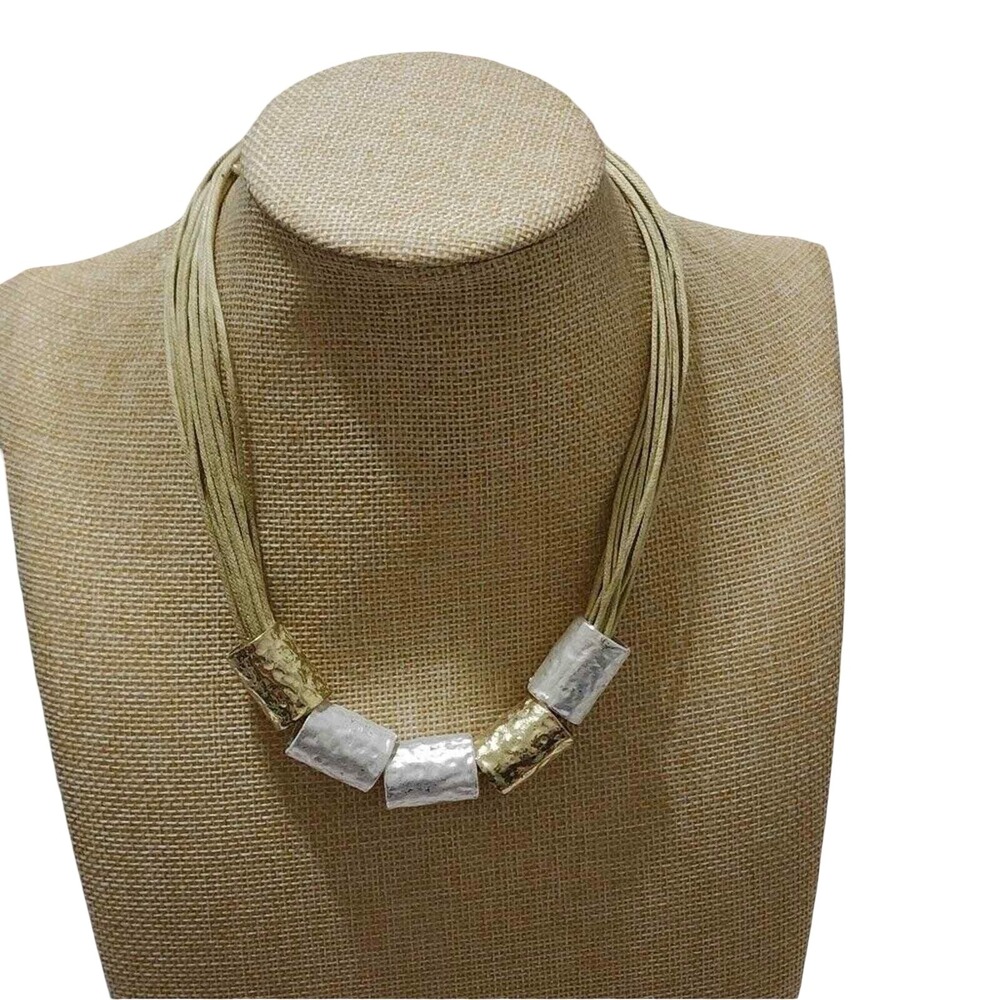 Treska Hammered Mixed Metal Cylinder Bead Multi Strand Cord Necklace Gold Tan‎